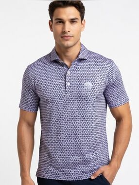 Men's Purple Printed Polo Shirt with Chest Emblem (Size: Large)
